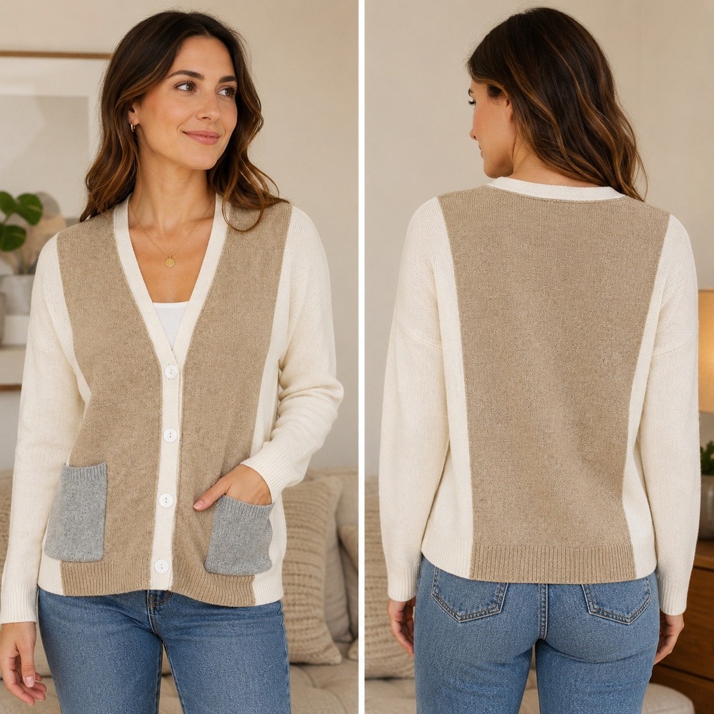 Karen Kane Cardigan Colorblock Neutral Tan Cream Grey Knit Button Up Size M